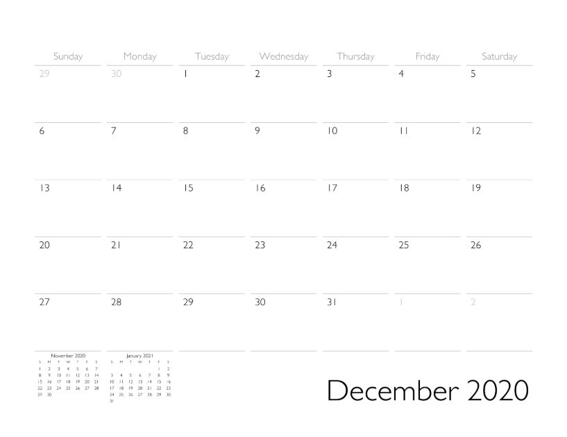 December 2020 Calendar Page