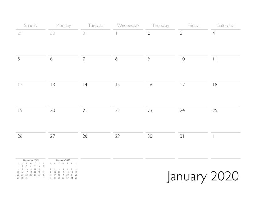 January 2020 Calendar Page