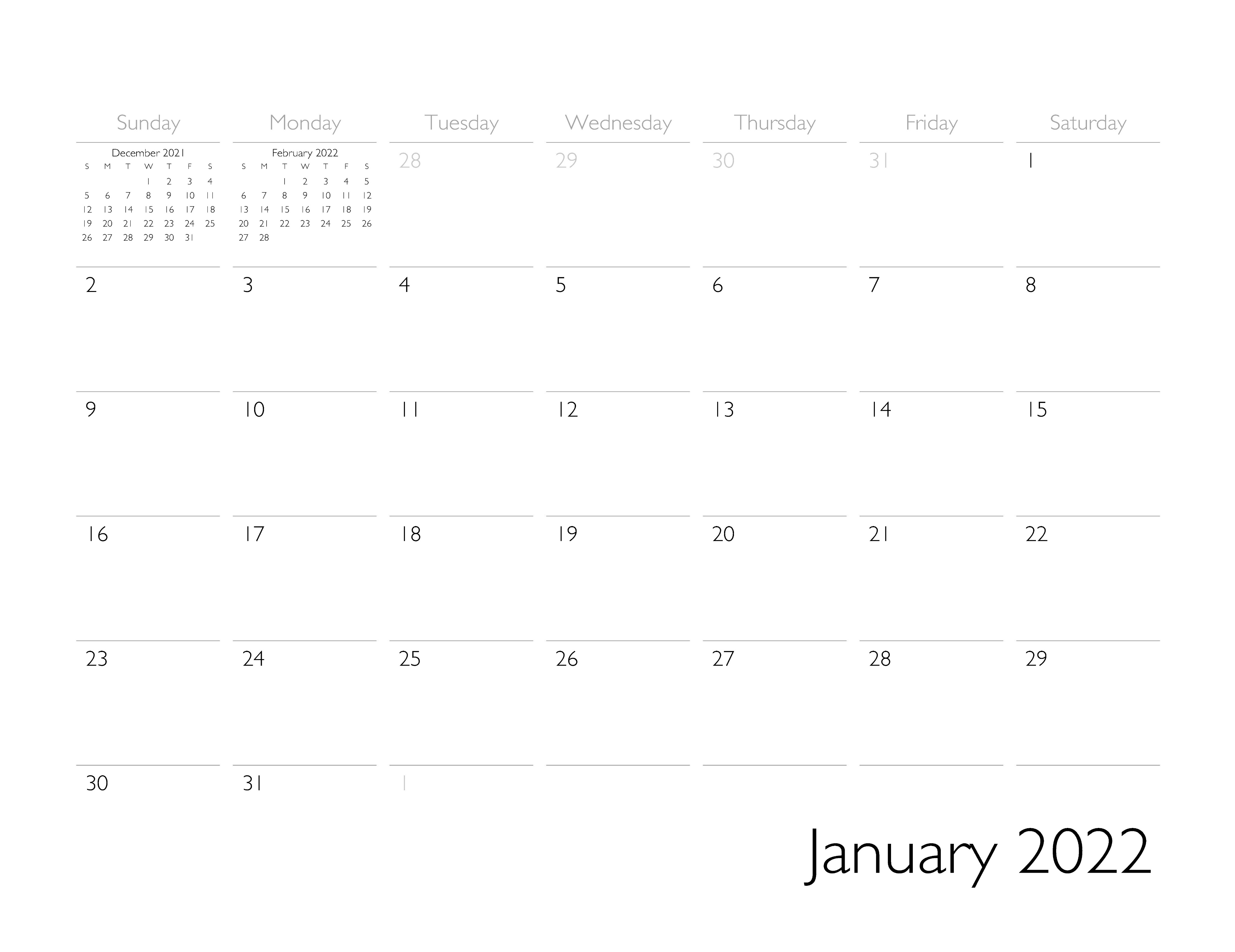 Fixed Calendar Pages - Classic Grid, Sunday Start Template Template